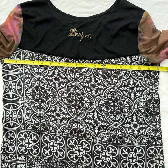 Desigual Women's Long Sleeve Geometric Print Top Sheer Floral Sleeves Size Small - Picture 14 of 16